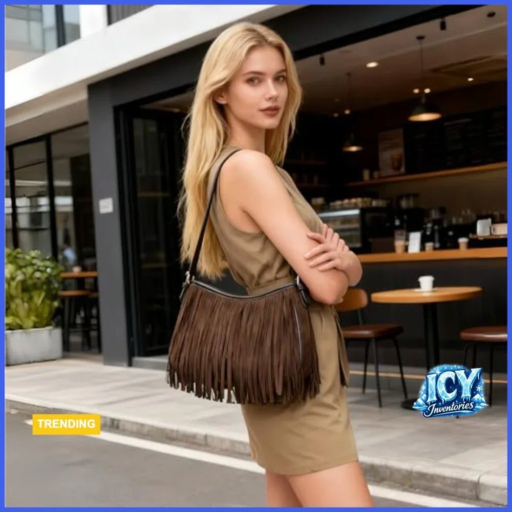 Vegan Suede Fringe Hobo Bag with Detachable Straps Crossbody Shoulder